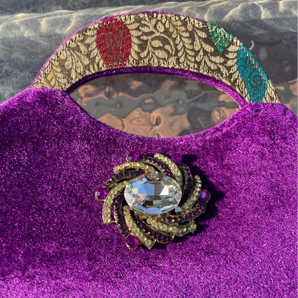 Purple Velvet Clutch with Embellished Brooch - Picture 6 of 12